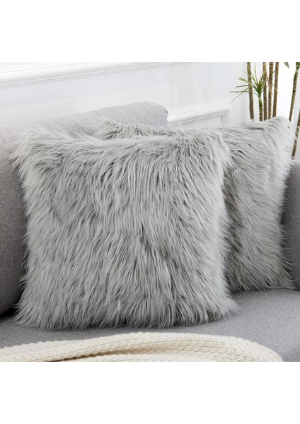 2'li Açık Gri Dekoratif Yastık Kılıfı Seti Yeni Lüks Serisi Merinos Tarzı Taklit Kürk Kabarık Atma Yastık Kapakları Kare Bulanık Yastık Kılıfı 18X18 Inç (Yurt Dışından)