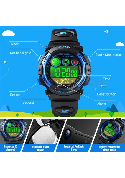 Erkek Kız Çocuklar Için Dijital Spor Izle, Çocuk Su Geçirmez Elektronik Çok Fonksiyonlu Günlük Açık Saatler, 7 Renkli LED Işıklı Alarm Kronometre Kol Saati (Yurt Dışından)