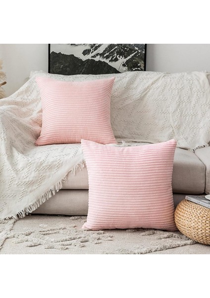 2'li Süper Yumuşak Fitilli Kadife Şeritli Yastık Kılıfı Paketi (Açık Pembe, 18 x 18 Inç) (Yurt Dışından)