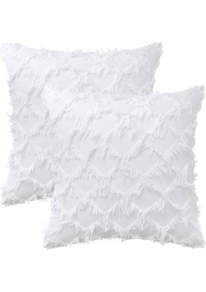 2 Parça Boho Yastık Örtüsü Ekose Saçak Çiftlik Evi Keten Ekose Doku Minder Örtüsü Kanepe Yatak Odası Kanepe Oturma Odası Için (Beyaz, 18 x 18 Inç) (Yurt Dışından)