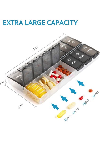 Xl Büyük Günlük Günde 2 Kez Ilaç Kutusu, Ekstra Jumbo 7 Günlük Ilaç Kutusu Öğleden Önce, Haftalık Gündüz Gece Vitaminlik, Ilaçlık, Büyük Ilaç Kabı, Ilaç Dispenseri 14 Bölmeli (Yurt Dışından)