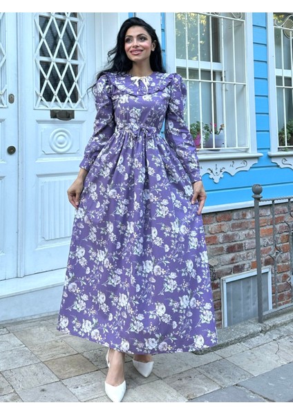 Tesettür Seyyar Yakalı Mor Güllü Belden Büzgülü Poplin Elbise