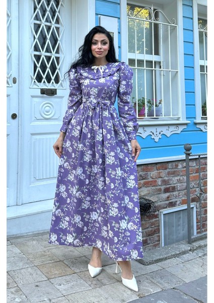 Tesettür Seyyar Yakalı Mor Güllü Belden Büzgülü Poplin Elbise modelleri