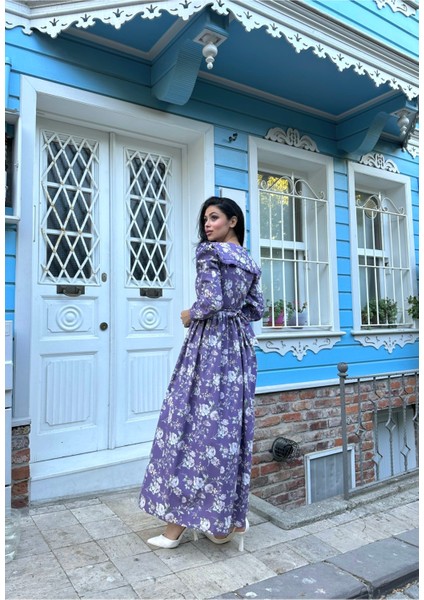 Tesettür Seyyar Yakalı Mor Güllü Belden Büzgülü Poplin Elbise fırsatları