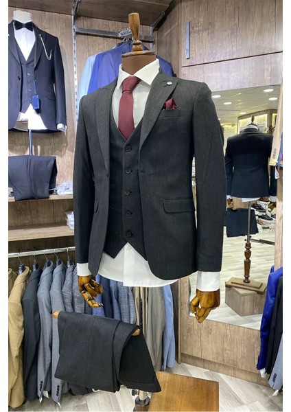 Slimfit Kesim Kus Gözü Desen Erkek Yelekli Takim Elbise-Antrasit fiyatları