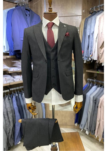 Slimfit Kesim Kus Gözü Desen Erkek Yelekli Takim Elbise-Antrasit modelleri