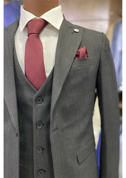 Slimfit Kesim Kus Gözü Desen Erkek Yelekli Takim Elbise-Antrasit fırsatları