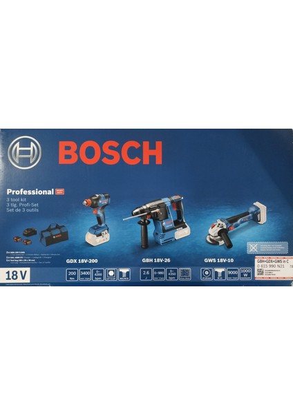 Profesyonel Set: Akülü Kırıcı-Delici Gbh 18V-26 + Akülü Darbeli Vidalama/somun Sıkma Makinesi Gdx 18V-200 + Akülü Avuç Taşlama Makinesi Gws 18V-10 + 2 x 5.0 Ah Akü Çanta Içinde