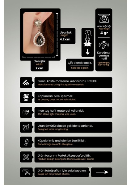 Kadın Radiante Siyah Model Zirkon Taşlı Gümüş Abiye Sallantılı Düğün Nişan Parti Balo Günlük Küpe fiyatları