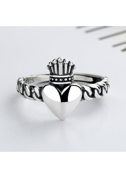 S925 Gümüş Vintage Kalp Taç Yüzük, Bayan Moda Pop Yüzük (Yurt Dışından) modelleri