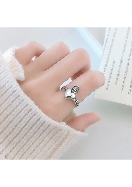 S925 Gümüş Vintage Kalp Taç Yüzük, Bayan Moda Pop Yüzük (Yurt Dışından) fırsatları