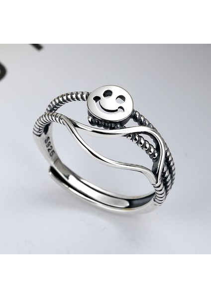 S925 Gümüş Vintage Dokuma Smiley Yüzük, Açık Ayarlanabilir Yüzük (Yurt Dışından) fiyatları