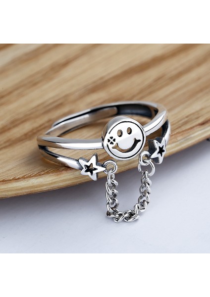 S925 Gümüş Yaratıcı Smiley Yüzük, Zincir Yüzük (Yurt Dışından)