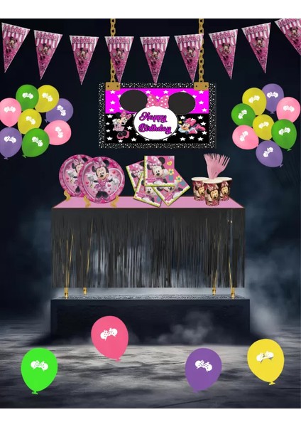 Minnie Mouse Metalize Masa Etekli 8 Kişilik Doğum Günü Parti Malzemeleri Süsleri Seti