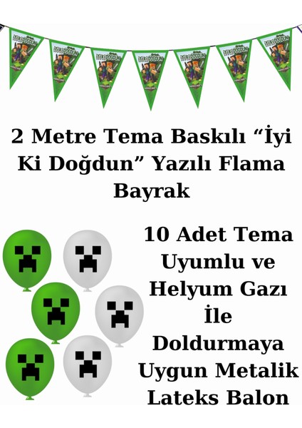 Minecraft Bayraklı ve Afişli 16 Kişilik Doğum Günü Parti Malzemeleri Süsleri Seti