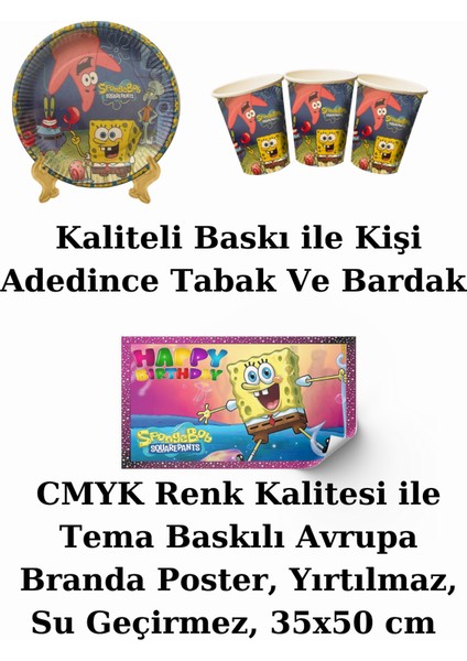 Sünger Bob Sponge Bob Kare Pantolon Bayraklı ve Afişli 8 Kişilik Doğum Günü Parti Malzemeleri Süsleri Seti