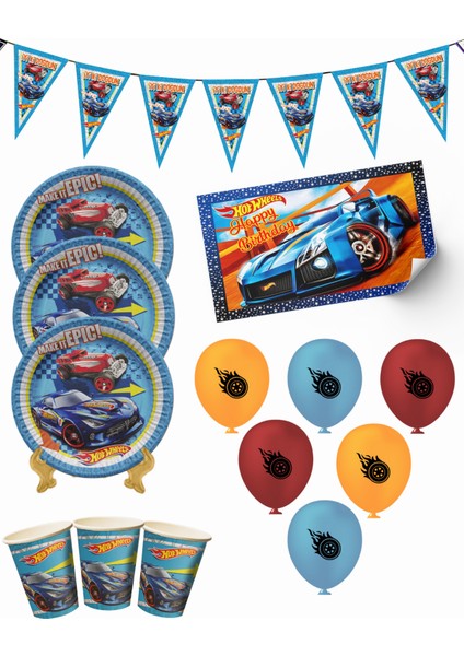 Hotwheels Bayraklı ve Afişli 40 Kişilik Doğum Günü Parti Malzemeleri Süsleri Seti