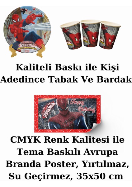 Spiderman Örümcek Adam Bayraklı ve Afişli 40 Kişilik Doğum Günü Parti Malzemeleri Süsleri Seti