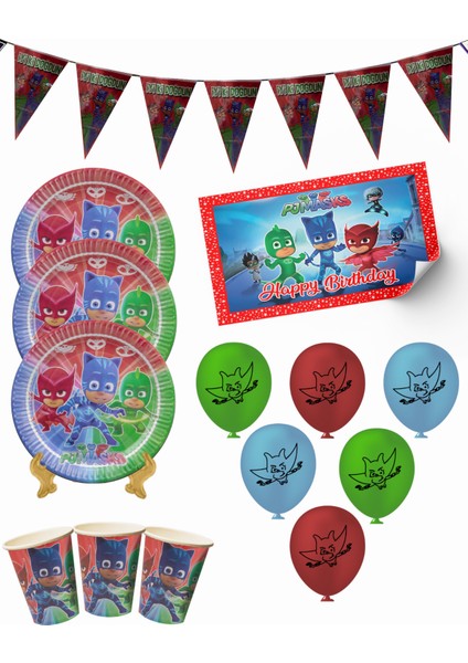 Pj Maske Bayraklı ve Afişli 40 Kişilik Doğum Günü Parti Malzemeleri Süsleri Seti