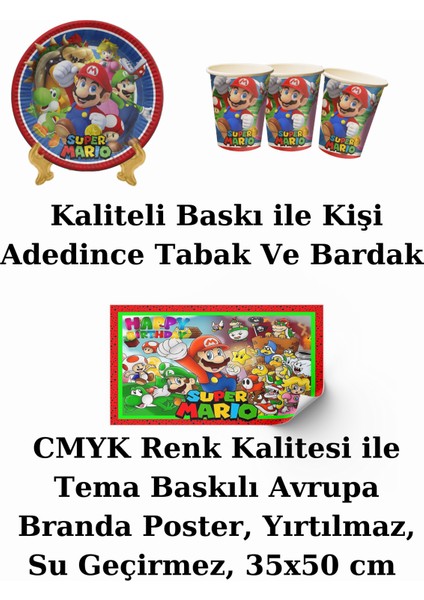 Süper Mario Bayraklı ve Afişli 8 Kişilik Doğum Günü Parti Malzemeleri Süsleri Seti