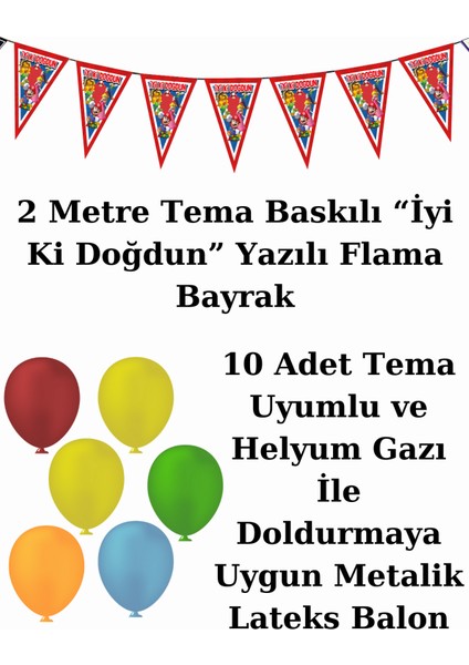 Süper Mario Bayraklı ve Afişli 8 Kişilik Doğum Günü Parti Malzemeleri Süsleri Seti