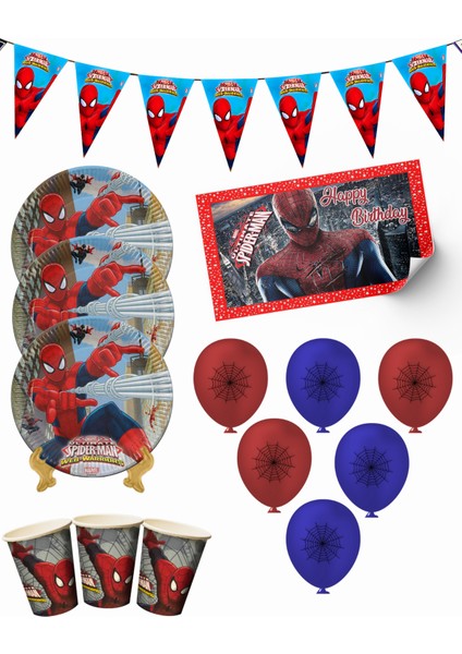 Spiderman Örümcek Adam Bayraklı ve Afişli 8 Kişilik Doğum Günü Parti Malzemeleri Süsleri Seti