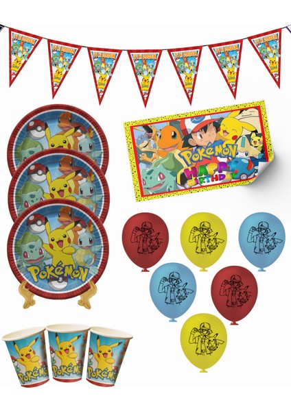 Pokemon Pikachu Bayraklı ve Afişli 32 Kişilik Doğum Günü Parti Malzemeleri Süsleri Seti