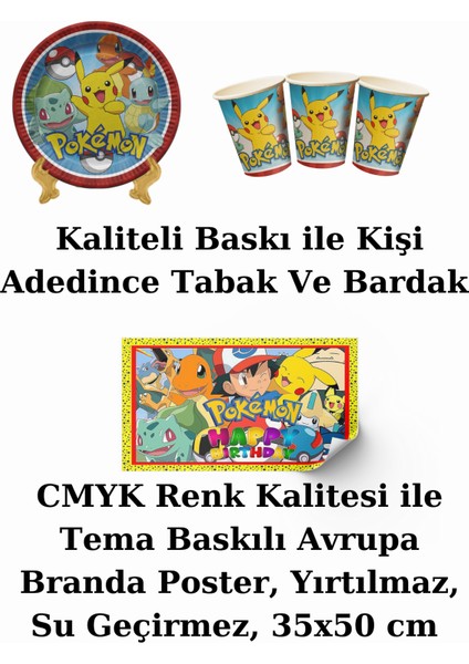 Pokemon Pikachu Bayraklı ve Afişli 32 Kişilik Doğum Günü Parti Malzemeleri Süsleri Seti