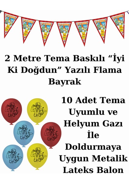 Pokemon Pikachu Bayraklı ve Afişli 32 Kişilik Doğum Günü Parti Malzemeleri Süsleri Seti