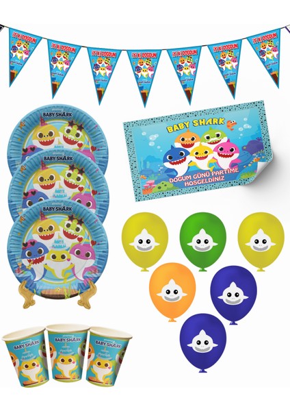 Baby Shark Bayraklı ve Afişli 8 Kişilik Doğum Günü Parti Malzemeleri Süsleri Seti