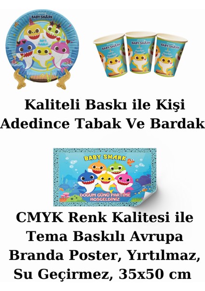 Baby Shark Bayraklı ve Afişli 8 Kişilik Doğum Günü Parti Malzemeleri Süsleri Seti