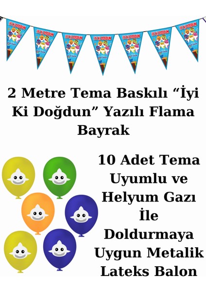 Baby Shark Bayraklı ve Afişli 8 Kişilik Doğum Günü Parti Malzemeleri Süsleri Seti