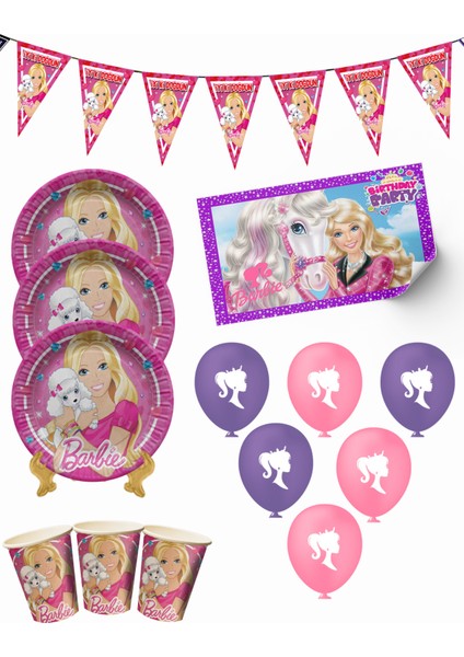 Barbie Bayraklı ve Afişli 16 Kişilik Doğum Günü Parti Malzemeleri Süsleri Seti