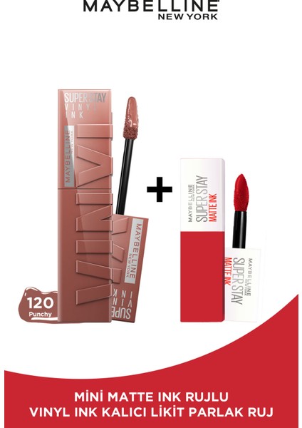 Super Stay Vinyl Ink Uzun Süre Kalıcı Likit Parlak Ruj 120 Punchy & Maybelline Mini Matte Ink