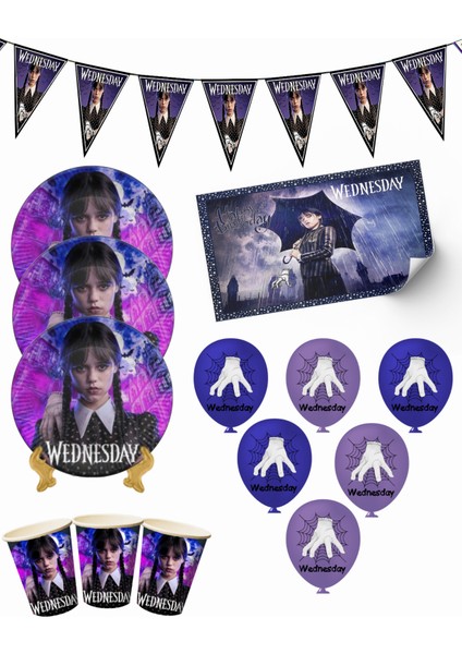 Wednesday Addams Bayraklı ve Afişli 32 Kişilik Doğum Günü Parti Malzemeleri Süsleri Seti