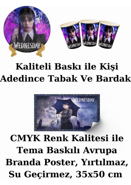 Wednesday Addams Bayraklı ve Afişli 32 Kişilik Doğum Günü Parti Malzemeleri Süsleri Seti