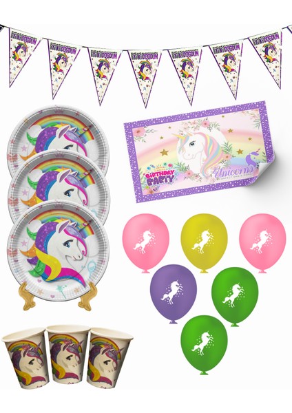 Unicorn Bayraklı ve Afişli 24 Kişilik Doğum Günü Parti Malzemeleri Süsleri Seti