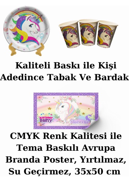 Unicorn Bayraklı ve Afişli 24 Kişilik Doğum Günü Parti Malzemeleri Süsleri Seti