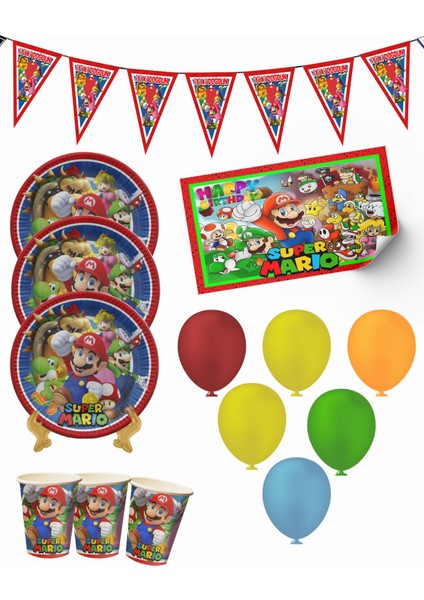 Süper Mario Bayraklı ve Afişli 16 Kişilik Doğum Günü Parti Malzemeleri Süsleri Seti