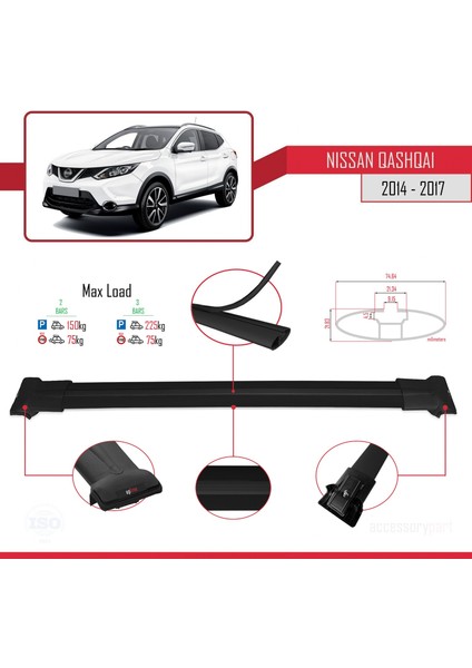 Nissan Qashqai 2014-2017 Arası ile Uyumlu Fly Model Ara Atkı Tavan Barı Siyah fırsatları