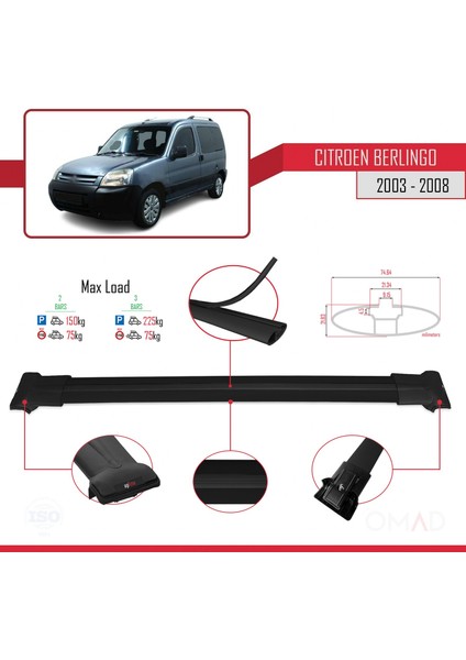 Citroen Berlingo 2003-2008 Arası ile Uyumlu Fly Model Ara Atkı Tavan Barı Siyah fırsatları