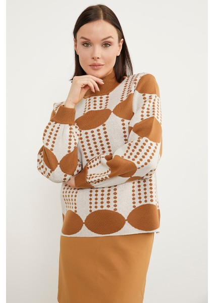 Yarım Balıkçı Çift Renk Triko Kazak - Kamel