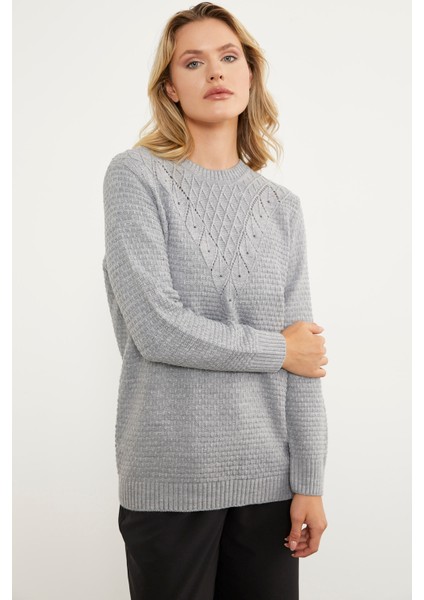 Yaprak Motif Petek Örgü Triko Kazak - Gri