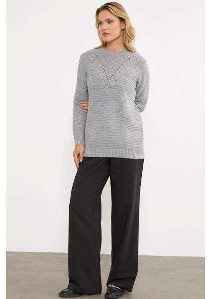 Yaprak Motif Petek Örgü Triko Kazak - Gri modelleri