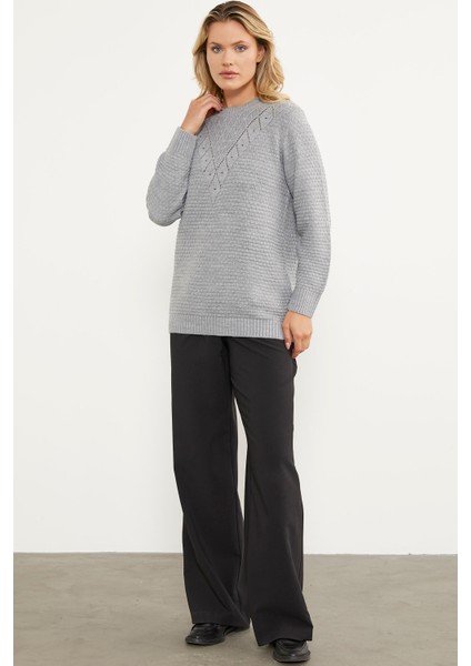 Yaprak Motif Petek Örgü Triko Kazak - Gri indirimleri