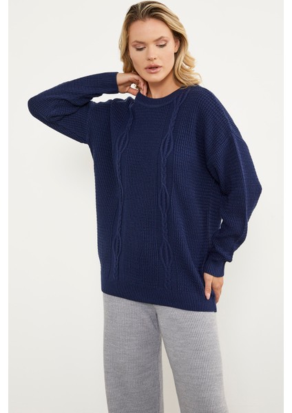 Petek Örgü Sıfır Yaka Triko Kazak - Lacivert modelleri