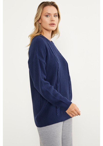Petek Örgü Sıfır Yaka Triko Kazak - Lacivert fırsatları