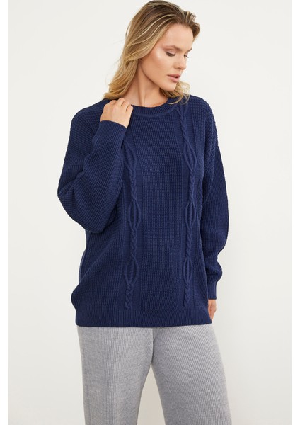 Petek Örgü Sıfır Yaka Triko Kazak - Lacivert indirimleri