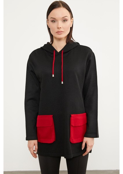 Renkli Cepli Oversize Triko Kazak - Siyah