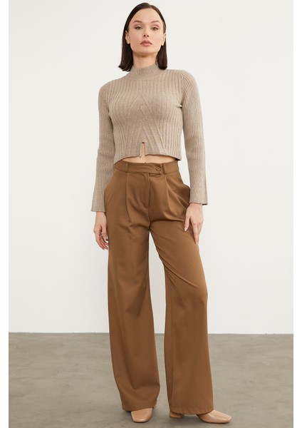 Yarım Balıkçı Crop Triko Kazak - Vizon fiyatları